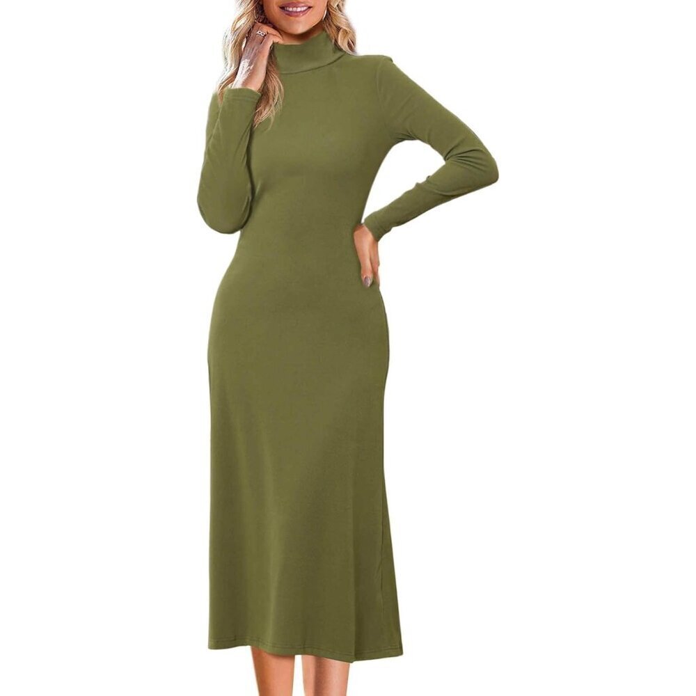 Women's Ribbed Knit Turtleneck Sweater Dress Maxi Long Sleeve Green XS